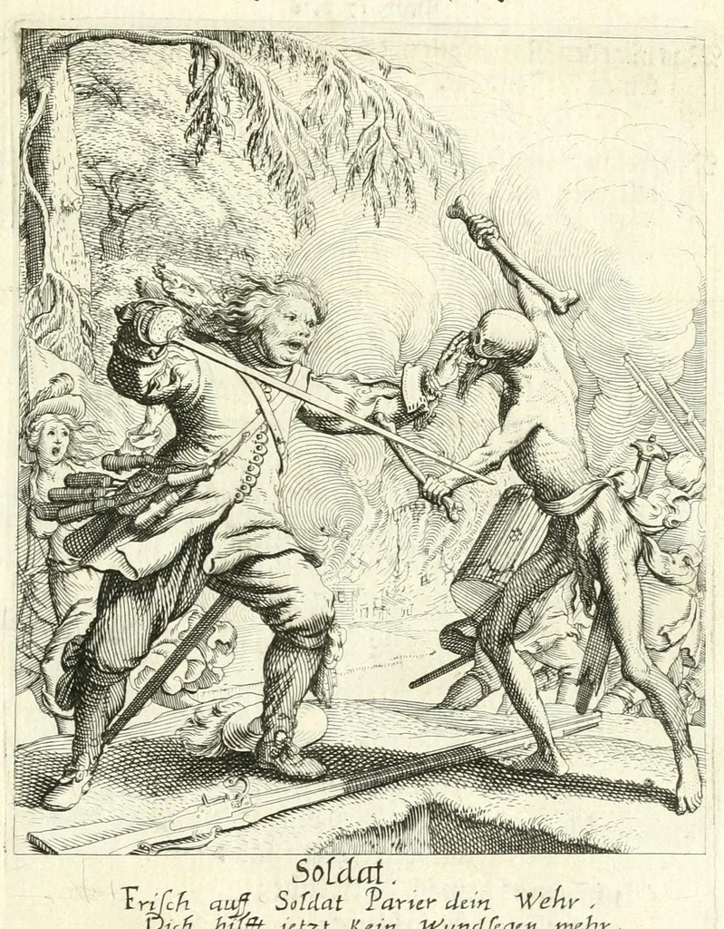 An illustration from Sterbensspiegel, das ist, Sonnenklare Vorstellung menschlicher Nichtigkeit durch alle Ständ und Geschlechter : vermitlest 60. dienstlicher Kupferblätteren, lehrzeicher Vberschrifften, und beweglicher zu vier stimmen aussgesetzter Todtengessängen, 1650, leaf 115