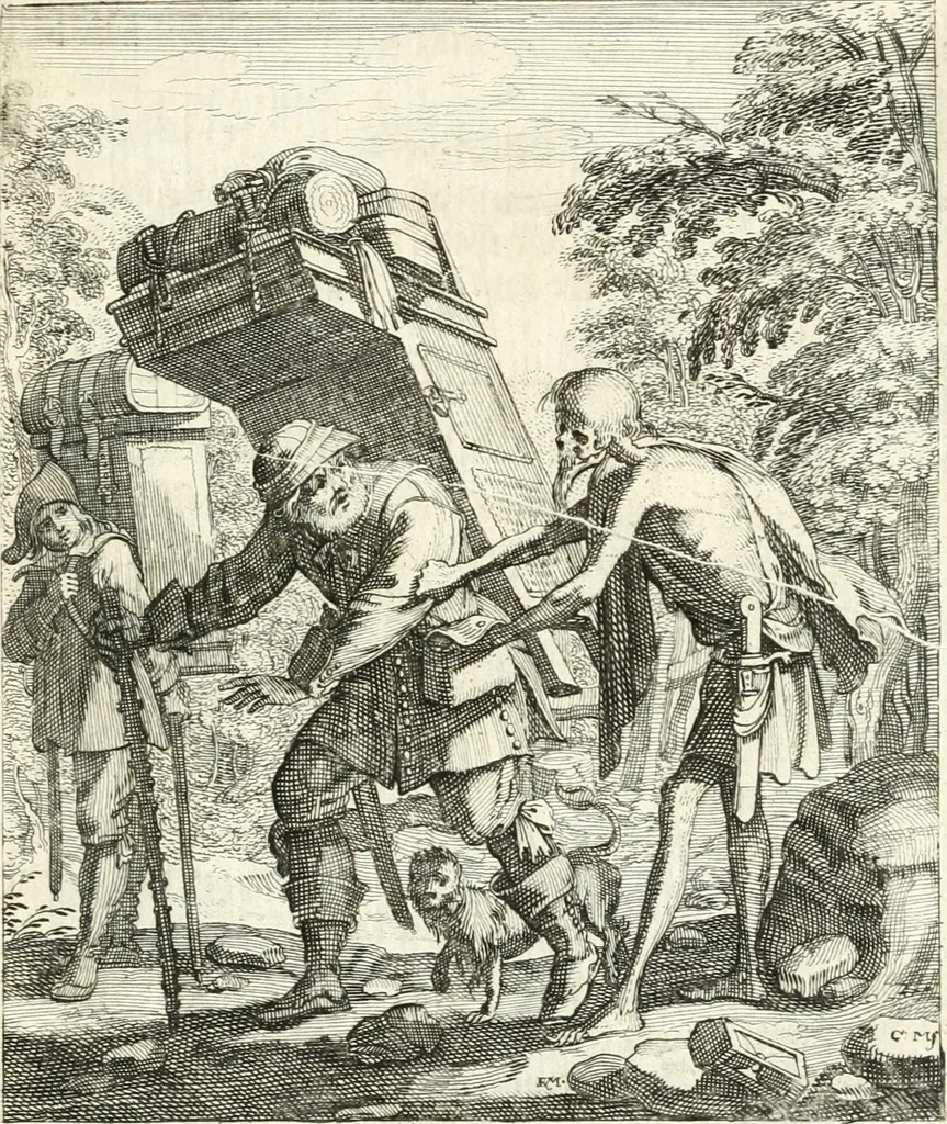 An illustration from Sterbensspiegel, das ist, Sonnenklare Vorstellung menschlicher Nichtigkeit durch alle Ständ und Geschlechter : vermitlest 60. dienstlicher Kupferblätteren, lehrzeicher Vberschrifften, und beweglicher zu vier stimmen aussgesetzter Todtengessängen, 1650, leaf 116