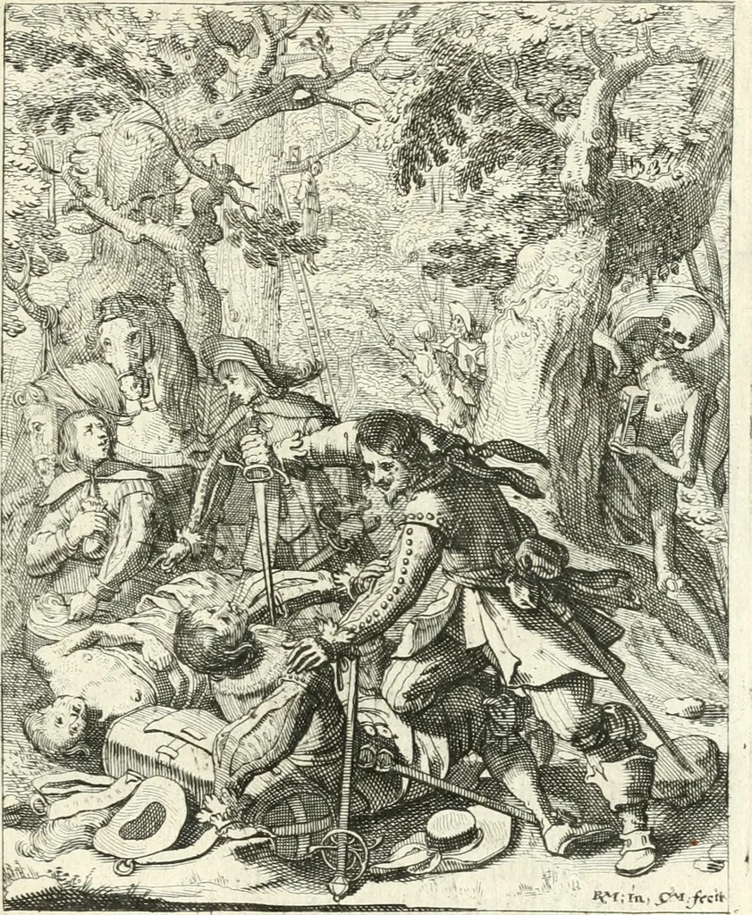 An illustration from Sterbensspiegel, das ist, Sonnenklare Vorstellung menschlicher Nichtigkeit durch alle Ständ und Geschlechter : vermitlest 60. dienstlicher Kupferblätteren, lehrzeicher Vberschrifften, und beweglicher zu vier stimmen aussgesetzter Todtengessängen, 1650, leaf 118