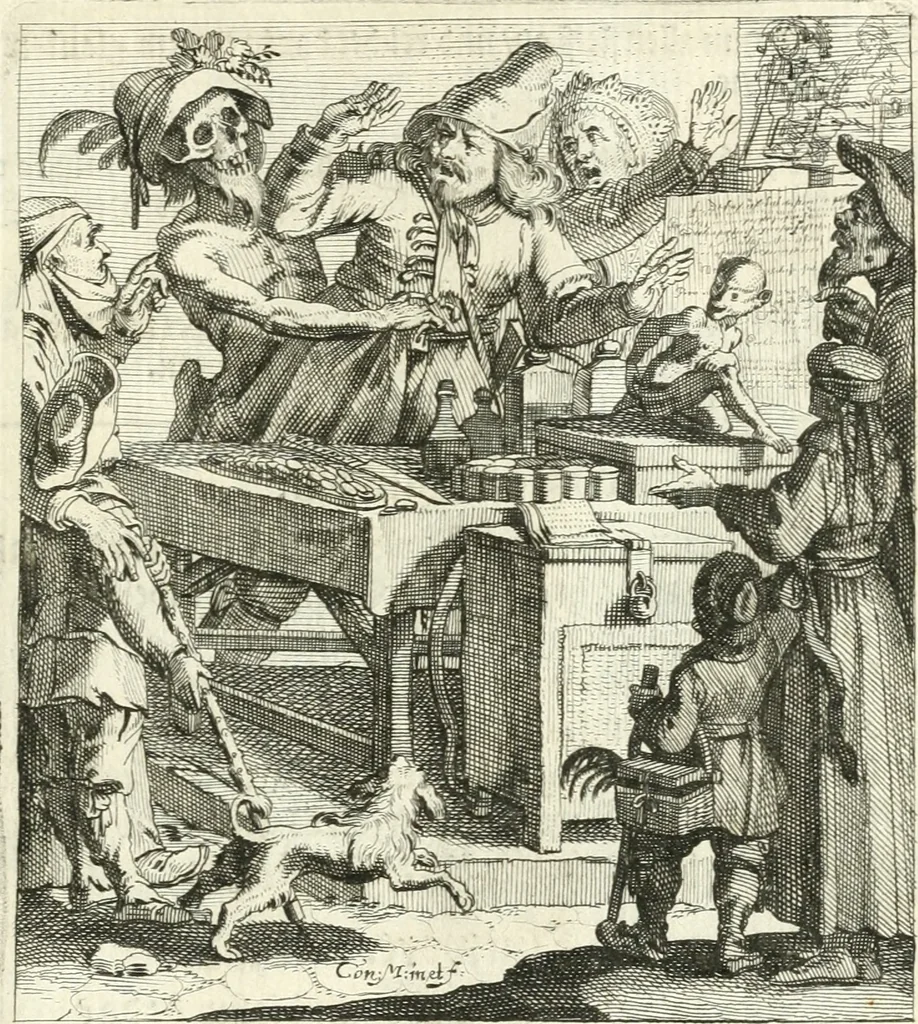 An illustration from Sterbensspiegel, das ist, Sonnenklare Vorstellung menschlicher Nichtigkeit durch alle Ständ und Geschlechter : vermitlest 60. dienstlicher Kupferblätteren, lehrzeicher Vberschrifften, und beweglicher zu vier stimmen aussgesetzter Todtengessängen, 1650, leaf 120