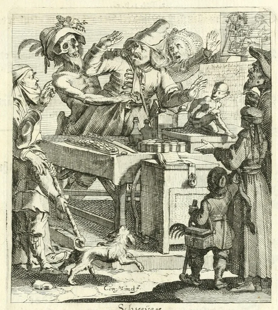 An illustration from Sterbensspiegel, das ist, Sonnenklare Vorstellung menschlicher Nichtigkeit durch alle Ständ und Geschlechter : vermitlest 60. dienstlicher Kupferblätteren, lehrzeicher Vberschrifften, und beweglicher zu vier stimmen aussgesetzter Todtengessängen, 1650, leaf 121