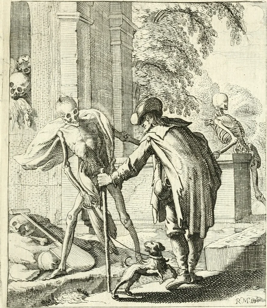 An illustration from Sterbensspiegel, das ist, Sonnenklare Vorstellung menschlicher Nichtigkeit durch alle Ständ und Geschlechter : vermitlest 60. dienstlicher Kupferblätteren, lehrzeicher Vberschrifften, und beweglicher zu vier stimmen aussgesetzter Todtengessängen, 1650, leaf 122