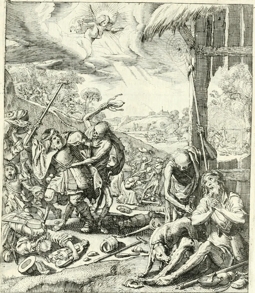 An illustration from Sterbensspiegel, das ist, Sonnenklare Vorstellung menschlicher Nichtigkeit durch alle Ständ und Geschlechter : vermitlest 60. dienstlicher Kupferblätteren, lehrzeicher Vberschrifften, und beweglicher zu vier stimmen aussgesetzter Todtengessängen, 1650, leaf 124