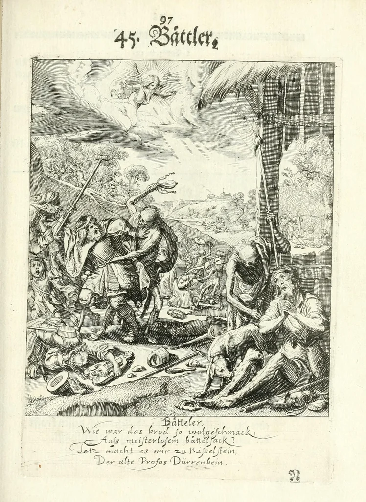 An illustration from Sterbensspiegel, das ist, Sonnenklare Vorstellung menschlicher Nichtigkeit durch alle Ständ und Geschlechter : vermitlest 60. dienstlicher Kupferblätteren, lehrzeicher Vberschrifften, und beweglicher zu vier stimmen aussgesetzter Todtengessängen, 1650, leaf 125