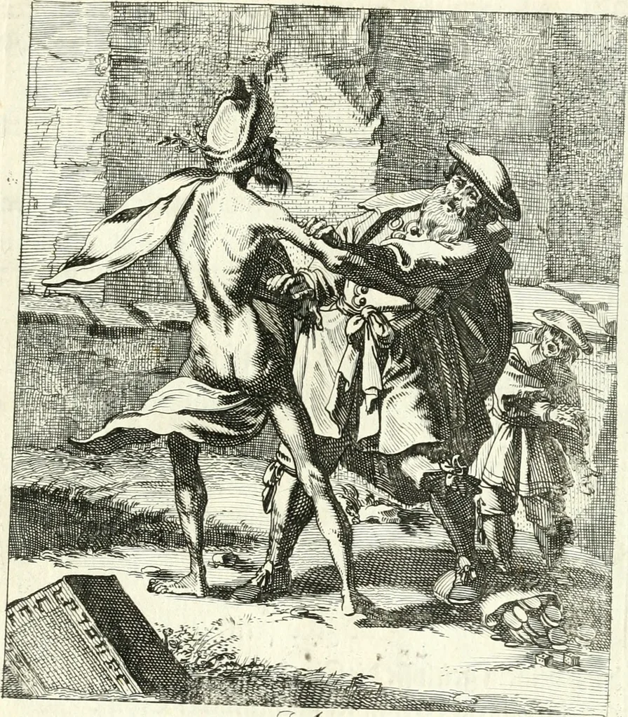 An illustration from Sterbensspiegel, das ist, Sonnenklare Vorstellung menschlicher Nichtigkeit durch alle Ständ und Geschlechter : vermitlest 60. dienstlicher Kupferblätteren, lehrzeicher Vberschrifften, und beweglicher zu vier stimmen aussgesetzter Todtengessängen, 1650, leaf 126