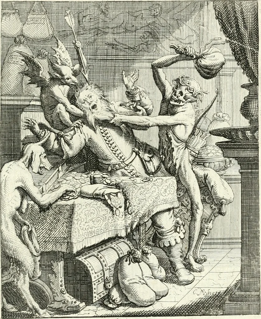 An illustration from Sterbensspiegel, das ist, Sonnenklare Vorstellung menschlicher Nichtigkeit durch alle Ständ und Geschlechter : vermitlest 60. dienstlicher Kupferblätteren, lehrzeicher Vberschrifften, und beweglicher zu vier stimmen aussgesetzter Todtengessängen, 1650, leaf 128