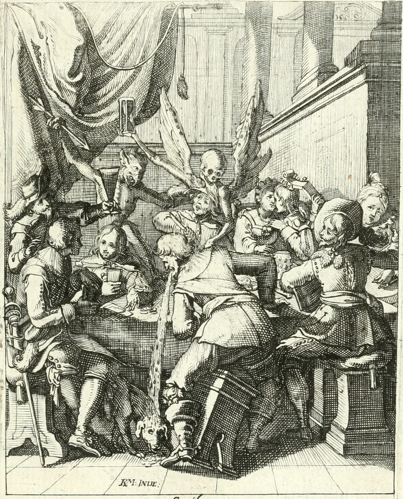 An illustration from Sterbensspiegel, das ist, Sonnenklare Vorstellung menschlicher Nichtigkeit durch alle Ständ und Geschlechter : vermitlest 60. dienstlicher Kupferblätteren, lehrzeicher Vberschrifften, und beweglicher zu vier stimmen aussgesetzter Todtengessängen, 1650, leaf 130