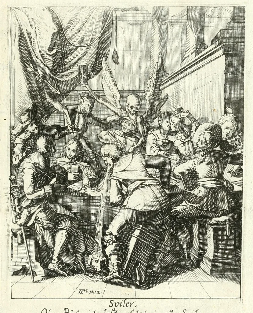 An illustration from Sterbensspiegel, das ist, Sonnenklare Vorstellung menschlicher Nichtigkeit durch alle Ständ und Geschlechter : vermitlest 60. dienstlicher Kupferblätteren, lehrzeicher Vberschrifften, und beweglicher zu vier stimmen aussgesetzter Todtengessängen, 1650, leaf 131