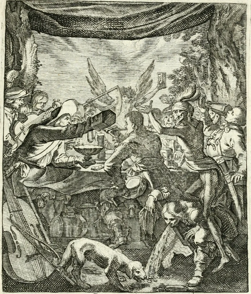 An illustration from Sterbensspiegel, das ist, Sonnenklare Vorstellung menschlicher Nichtigkeit durch alle Ständ und Geschlechter : vermitlest 60. dienstlicher Kupferblätteren, lehrzeicher Vberschrifften, und beweglicher zu vier stimmen aussgesetzter Todtengessängen, 1650, leaf 132