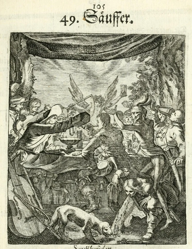 An illustration from Sterbensspiegel, das ist, Sonnenklare Vorstellung menschlicher Nichtigkeit durch alle Ständ und Geschlechter : vermitlest 60. dienstlicher Kupferblätteren, lehrzeicher Vberschrifften, und beweglicher zu vier stimmen aussgesetzter Todtengessängen, 1650, leaf 133