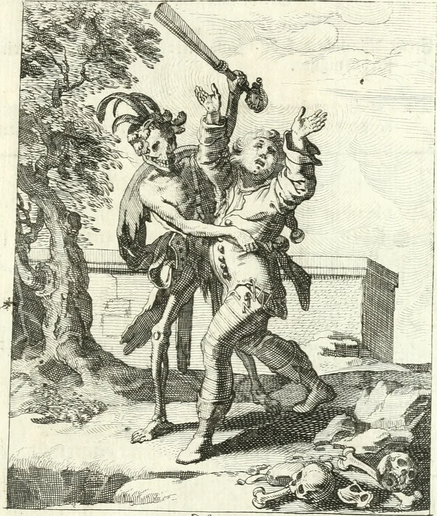An illustration from Sterbensspiegel, das ist, Sonnenklare Vorstellung menschlicher Nichtigkeit durch alle Ständ und Geschlechter : vermitlest 60. dienstlicher Kupferblätteren, lehrzeicher Vberschrifften, und beweglicher zu vier stimmen aussgesetzter Todtengessängen, 1650, leaf 136