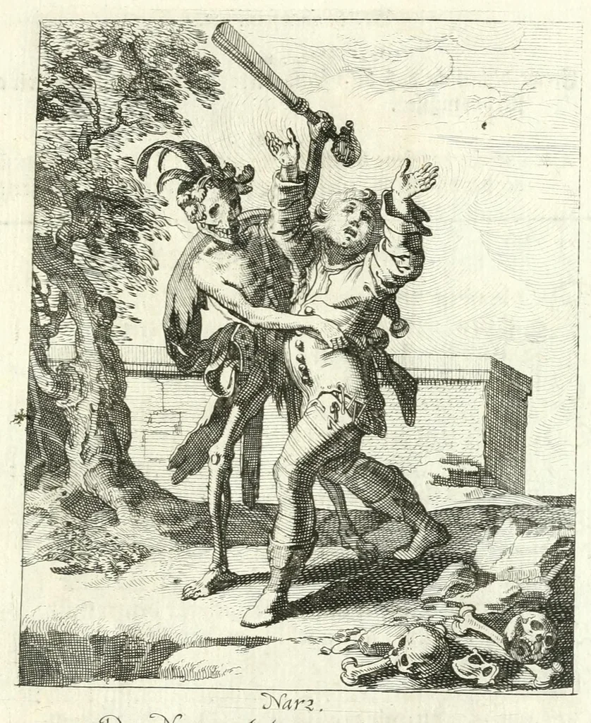 An illustration from Sterbensspiegel, das ist, Sonnenklare Vorstellung menschlicher Nichtigkeit durch alle Ständ und Geschlechter : vermitlest 60. dienstlicher Kupferblätteren, lehrzeicher Vberschrifften, und beweglicher zu vier stimmen aussgesetzter Todtengessängen, 1650, leaf 137