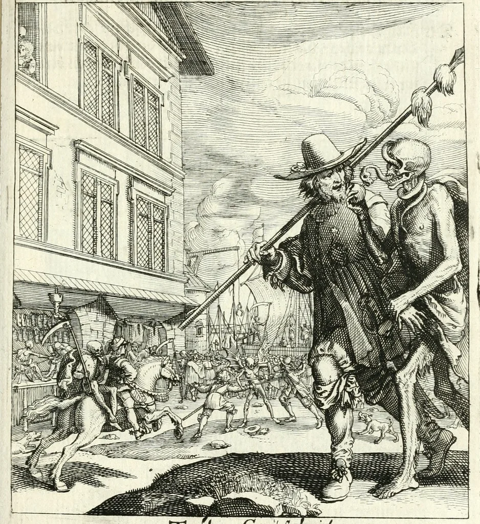 An illustration from Sterbensspiegel, das ist, Sonnenklare Vorstellung menschlicher Nichtigkeit durch alle Ständ und Geschlechter : vermitlest 60. dienstlicher Kupferblätteren, lehrzeicher Vberschrifften, und beweglicher zu vier stimmen aussgesetzter Todtengessängen, 1650, leaf 138