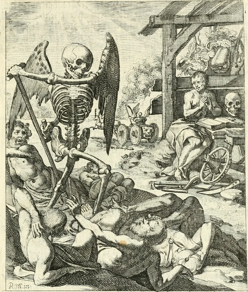 An illustration from Sterbensspiegel, das ist, Sonnenklare Vorstellung menschlicher Nichtigkeit durch alle Ständ und Geschlechter : vermitlest 60. dienstlicher Kupferblätteren, lehrzeicher Vberschrifften, und beweglicher zu vier stimmen aussgesetzter Todtengessängen, 1650, leaf 140