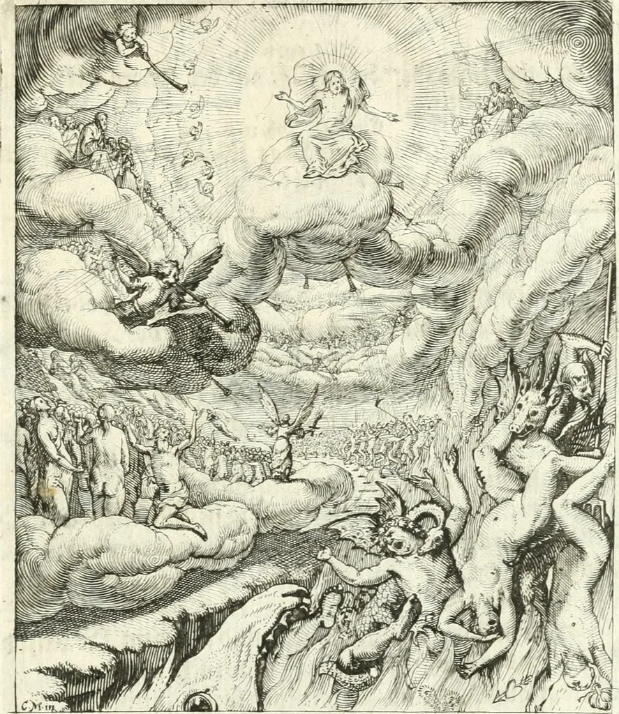 An illustration from Sterbensspiegel, das ist, Sonnenklare Vorstellung menschlicher Nichtigkeit durch alle Ständ und Geschlechter : vermitlest 60. dienstlicher Kupferblätteren, lehrzeicher Vberschrifften, und beweglicher zu vier stimmen aussgesetzter Todtengessängen, 1650, leaf 142