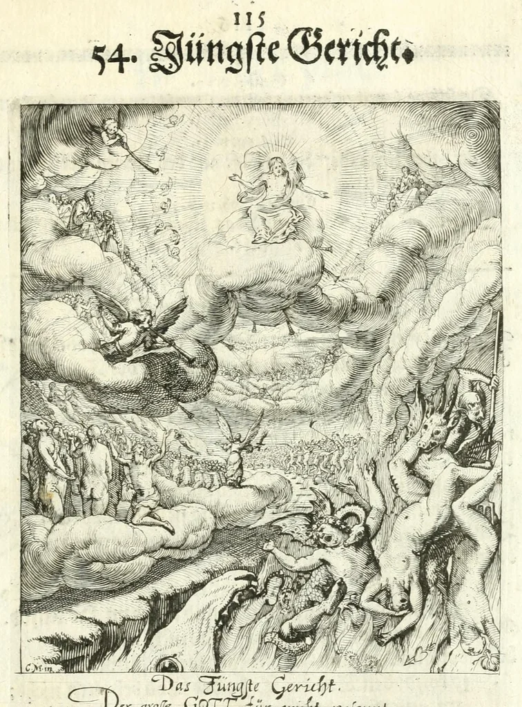 An illustration from Sterbensspiegel, das ist, Sonnenklare Vorstellung menschlicher Nichtigkeit durch alle Ständ und Geschlechter : vermitlest 60. dienstlicher Kupferblätteren, lehrzeicher Vberschrifften, und beweglicher zu vier stimmen aussgesetzter Todtengessängen, 1650, leaf 143