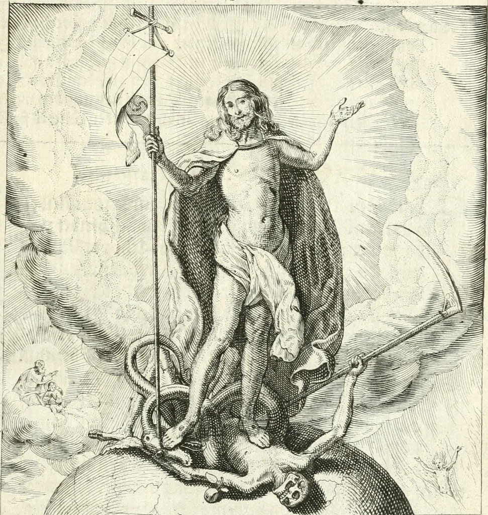 An illustration from Sterbensspiegel, das ist, Sonnenklare Vorstellung menschlicher Nichtigkeit durch alle Ständ und Geschlechter : vermitlest 60. dienstlicher Kupferblätteren, lehrzeicher Vberschrifften, und beweglicher zu vier stimmen aussgesetzter Todtengessängen, 1650, leaf 144