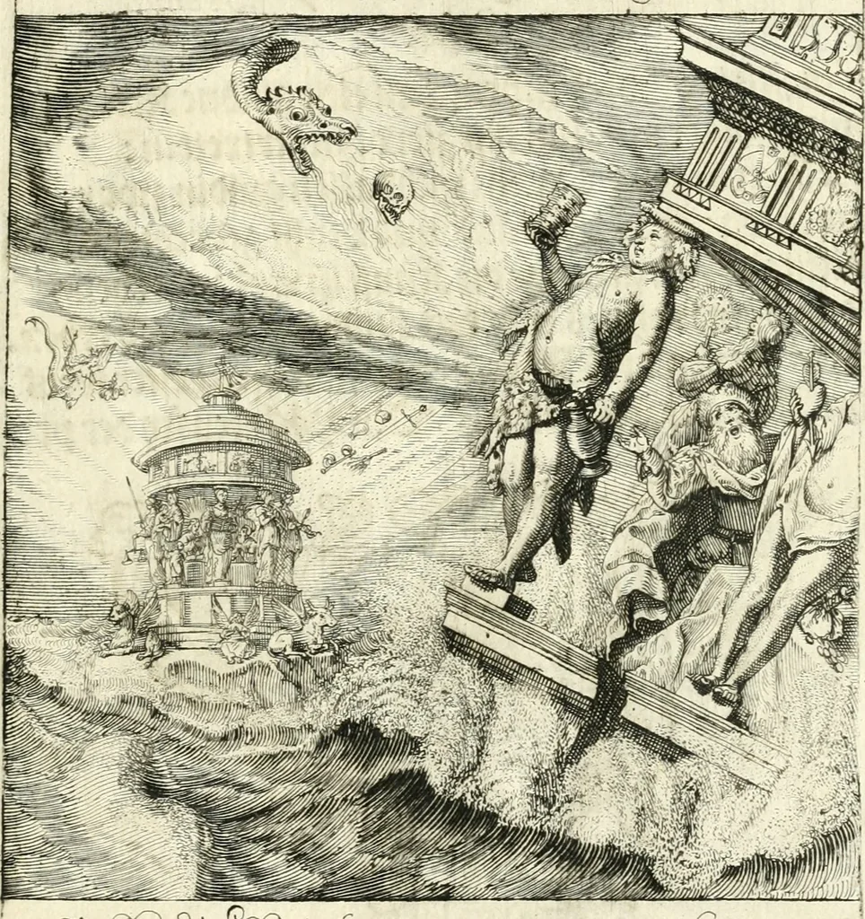 An illustration from Sterbensspiegel, das ist, Sonnenklare Vorstellung menschlicher Nichtigkeit durch alle Ständ und Geschlechter : vermitlest 60. dienstlicher Kupferblätteren, lehrzeicher Vberschrifften, und beweglicher zu vier stimmen aussgesetzter Todtengessängen, 1650, leaf 148