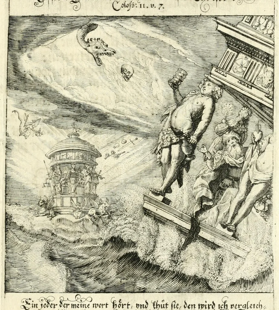 An illustration from Sterbensspiegel, das ist, Sonnenklare Vorstellung menschlicher Nichtigkeit durch alle Ständ und Geschlechter : vermitlest 60. dienstlicher Kupferblätteren, lehrzeicher Vberschrifften, und beweglicher zu vier stimmen aussgesetzter Todtengessängen, 1650, leaf 149
