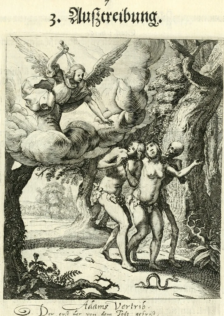 An illustration from Sterbensspiegel, das ist, Sonnenklare Vorstellung menschlicher Nichtigkeit durch alle Ständ und Geschlechter : vermitlest 60. dienstlicher Kupferblätteren, lehrzeicher Vberschrifften, und beweglicher zu vier stimmen aussgesetzter Todtengessängen, 1650, leaf 34