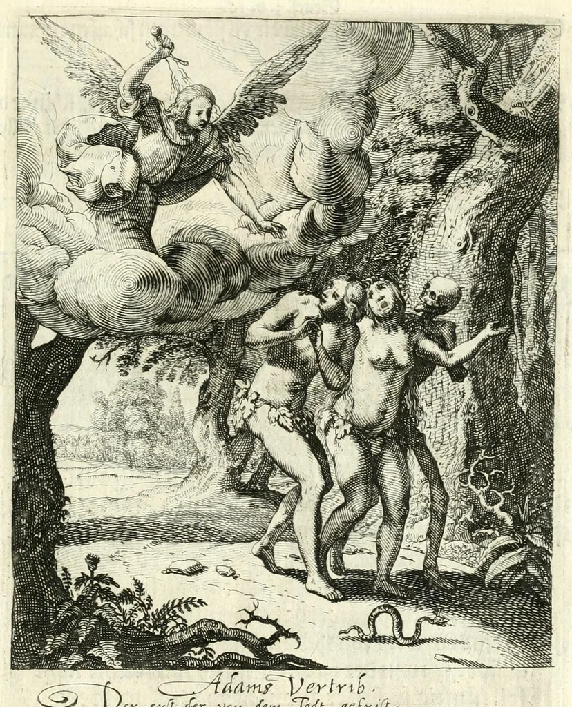 An illustration from Sterbensspiegel, das ist, Sonnenklare Vorstellung menschlicher Nichtigkeit durch alle Ständ und Geschlechter : vermitlest 60. dienstlicher Kupferblätteren, lehrzeicher Vberschrifften, und beweglicher zu vier stimmen aussgesetzter Todtengessängen, 1650, leaf 35