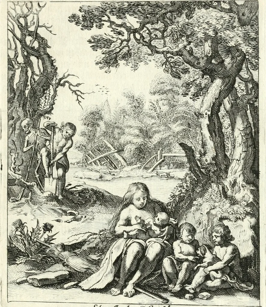 An illustration from Sterbensspiegel, das ist, Sonnenklare Vorstellung menschlicher Nichtigkeit durch alle Ständ und Geschlechter : vermitlest 60. dienstlicher Kupferblätteren, lehrzeicher Vberschrifften, und beweglicher zu vier stimmen aussgesetzter Todtengessängen, 1650, leaf 36