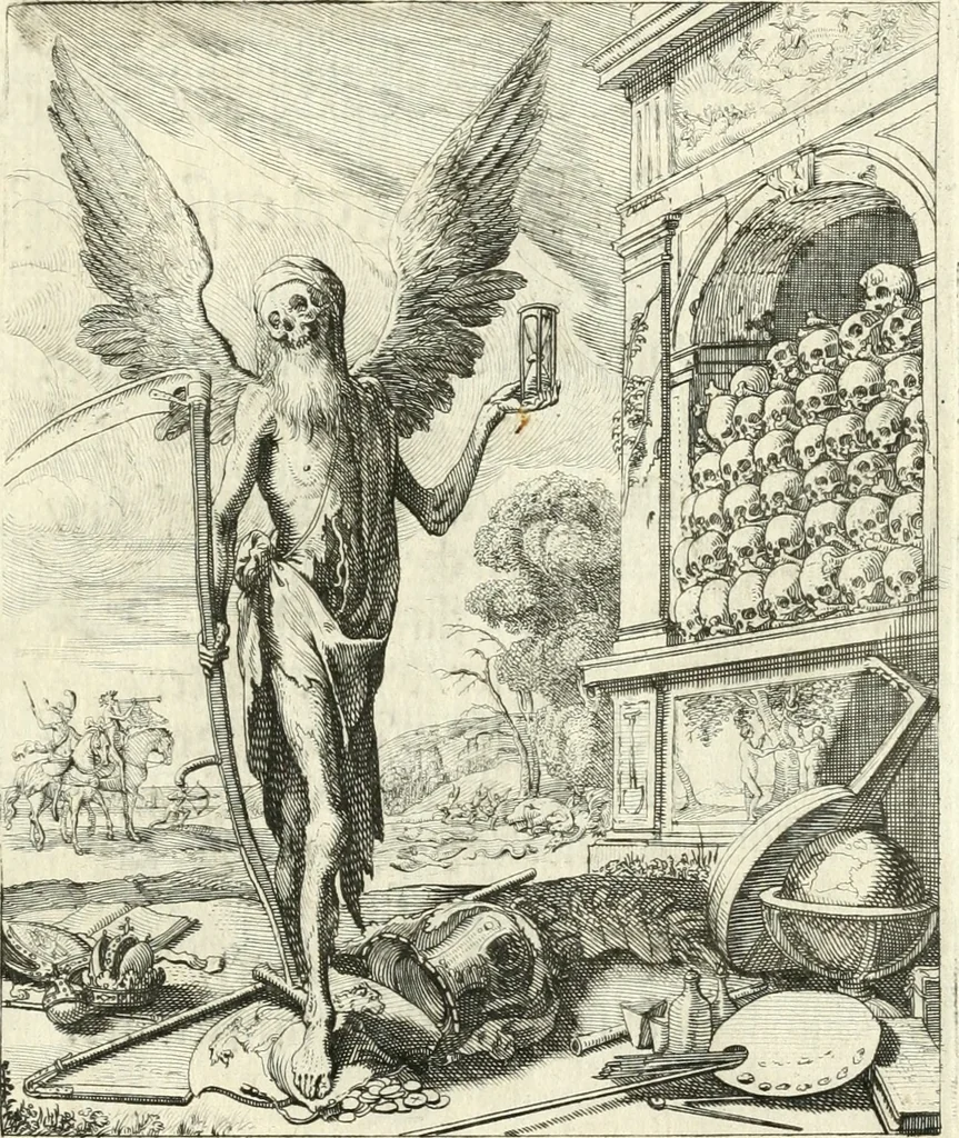 An illustration from Sterbensspiegel, das ist, Sonnenklare Vorstellung menschlicher Nichtigkeit durch alle Ständ und Geschlechter : vermitlest 60. dienstlicher Kupferblätteren, lehrzeicher Vberschrifften, und beweglicher zu vier stimmen aussgesetzter Todtengessängen, 1650, leaf 38