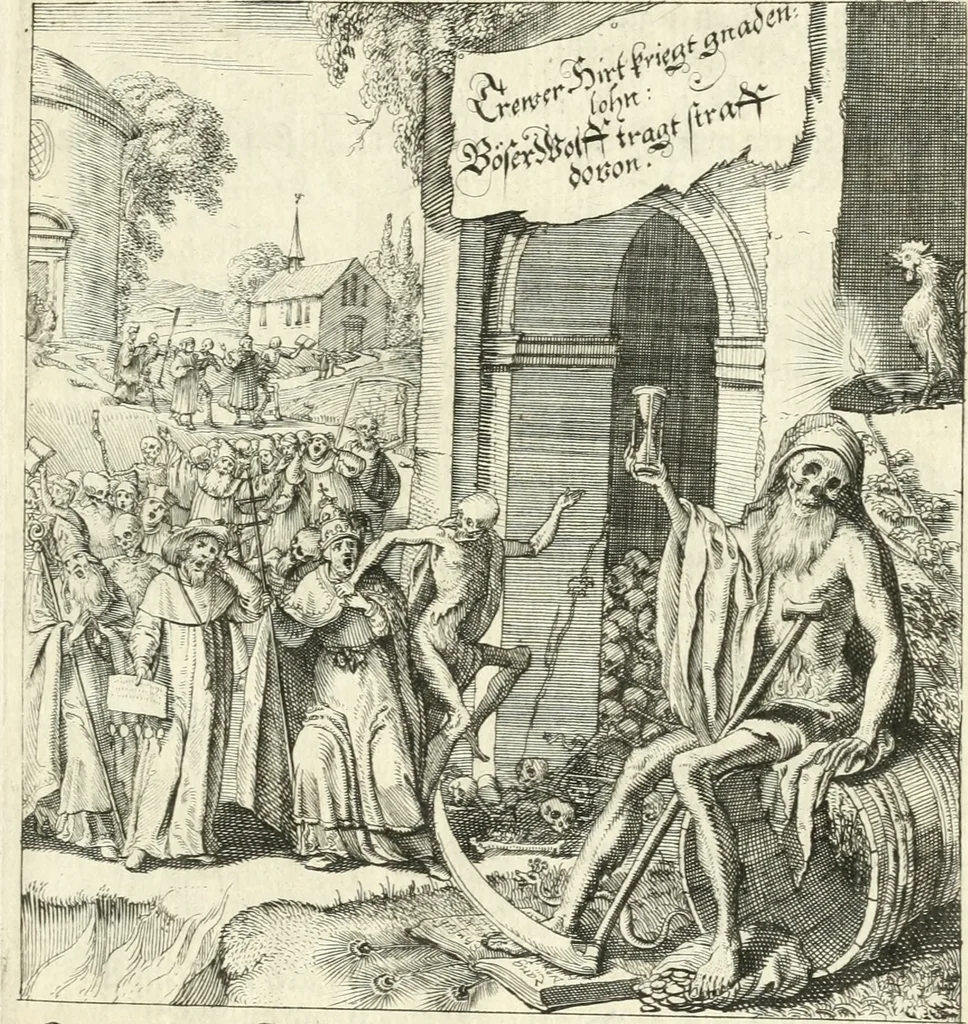 An illustration from Sterbensspiegel, das ist, Sonnenklare Vorstellung menschlicher Nichtigkeit durch alle Ständ und Geschlechter : vermitlest 60. dienstlicher Kupferblätteren, lehrzeicher Vberschrifften, und beweglicher zu vier stimmen aussgesetzter Todtengessängen, 1650, leaf 40