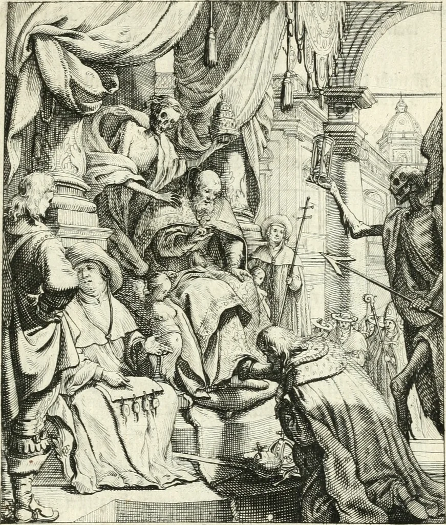 An illustration from Sterbensspiegel, das ist, Sonnenklare Vorstellung menschlicher Nichtigkeit durch alle Ständ und Geschlechter : vermitlest 60. dienstlicher Kupferblätteren, lehrzeicher Vberschrifften, und beweglicher zu vier stimmen aussgesetzter Todtengessängen, 1650, leaf 42