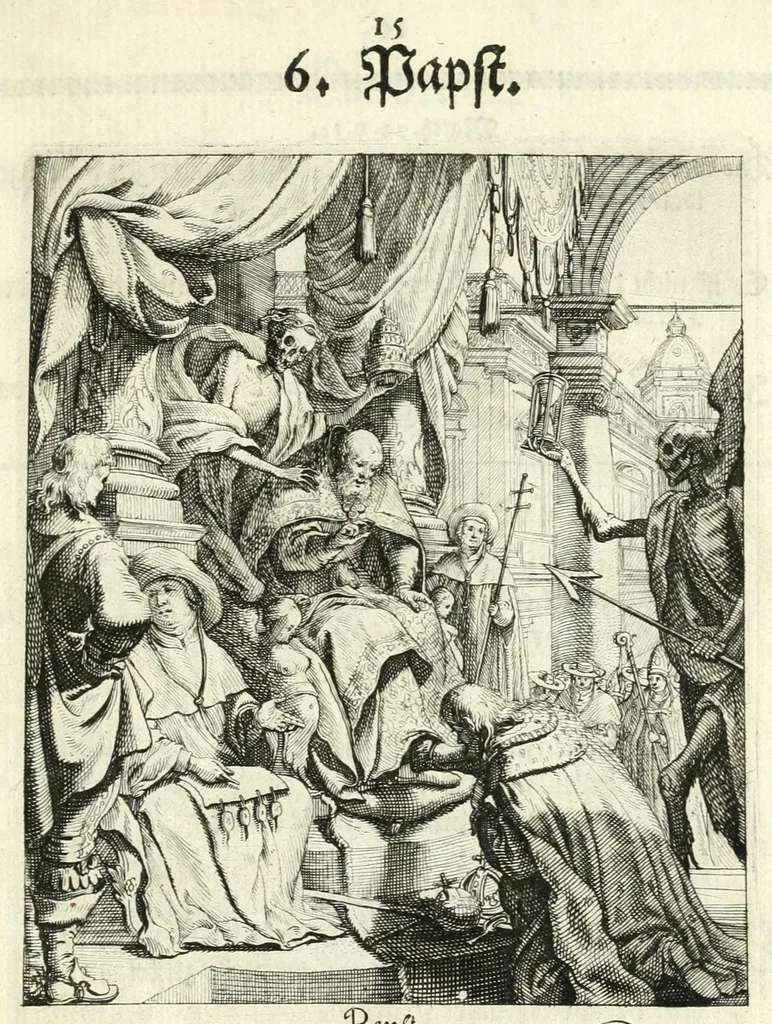 An illustration from Sterbensspiegel, das ist, Sonnenklare Vorstellung menschlicher Nichtigkeit durch alle Ständ und Geschlechter : vermitlest 60. dienstlicher Kupferblätteren, lehrzeicher Vberschrifften, und beweglicher zu vier stimmen aussgesetzter Todtengessängen, 1650, leaf 43