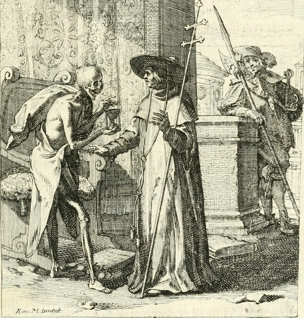 An illustration from Sterbensspiegel, das ist, Sonnenklare Vorstellung menschlicher Nichtigkeit durch alle Ständ und Geschlechter : vermitlest 60. dienstlicher Kupferblätteren, lehrzeicher Vberschrifften, und beweglicher zu vier stimmen aussgesetzter Todtengessängen, 1650, leaf 44