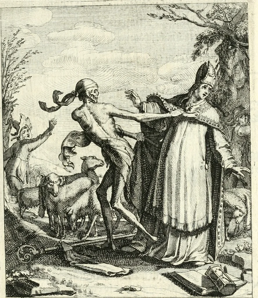 An illustration from Sterbensspiegel, das ist, Sonnenklare Vorstellung menschlicher Nichtigkeit durch alle Ständ und Geschlechter : vermitlest 60. dienstlicher Kupferblätteren, lehrzeicher Vberschrifften, und beweglicher zu vier stimmen aussgesetzter Todtengessängen, 1650, leaf 46