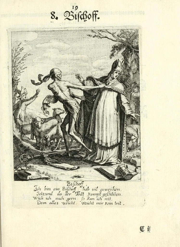 An illustration from Sterbensspiegel, das ist, Sonnenklare Vorstellung menschlicher Nichtigkeit durch alle Ständ und Geschlechter : vermitlest 60. dienstlicher Kupferblätteren, lehrzeicher Vberschrifften, und beweglicher zu vier stimmen aussgesetzter Todtengessängen, 1650, leaf 47