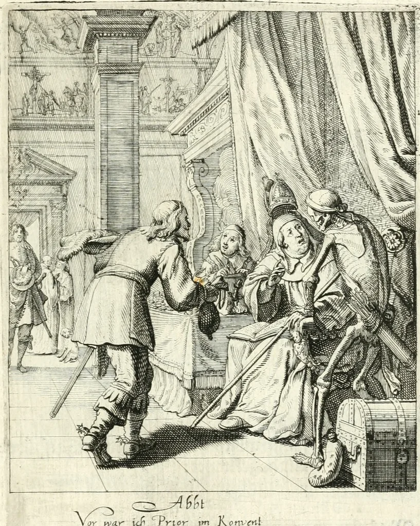 An illustration from Sterbensspiegel, das ist, Sonnenklare Vorstellung menschlicher Nichtigkeit durch alle Ständ und Geschlechter : vermitlest 60. dienstlicher Kupferblätteren, lehrzeicher Vberschrifften, und beweglicher zu vier stimmen aussgesetzter Todtengessängen, 1650, leaf 48