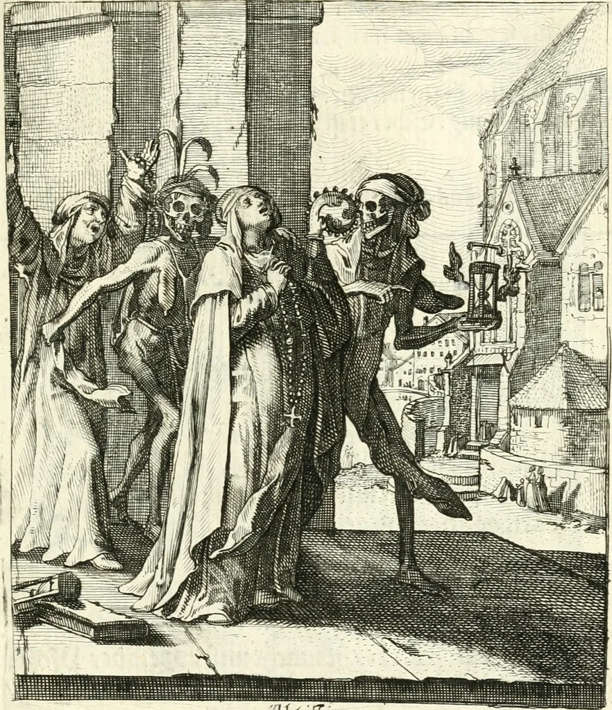 An illustration from Sterbensspiegel, das ist, Sonnenklare Vorstellung menschlicher Nichtigkeit durch alle Ständ und Geschlechter : vermitlest 60. dienstlicher Kupferblätteren, lehrzeicher Vberschrifften, und beweglicher zu vier stimmen aussgesetzter Todtengessängen, 1650, leaf 50