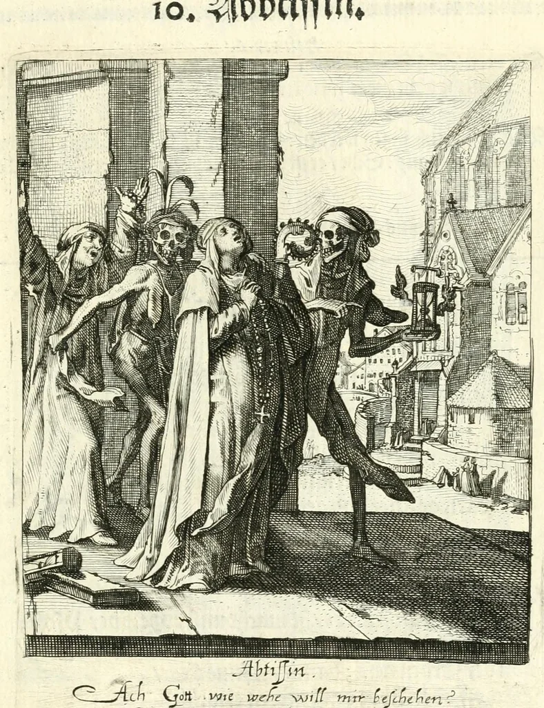 An illustration from Sterbensspiegel, das ist, Sonnenklare Vorstellung menschlicher Nichtigkeit durch alle Ständ und Geschlechter : vermitlest 60. dienstlicher Kupferblätteren, lehrzeicher Vberschrifften, und beweglicher zu vier stimmen aussgesetzter Todtengessängen, 1650, leaf 51