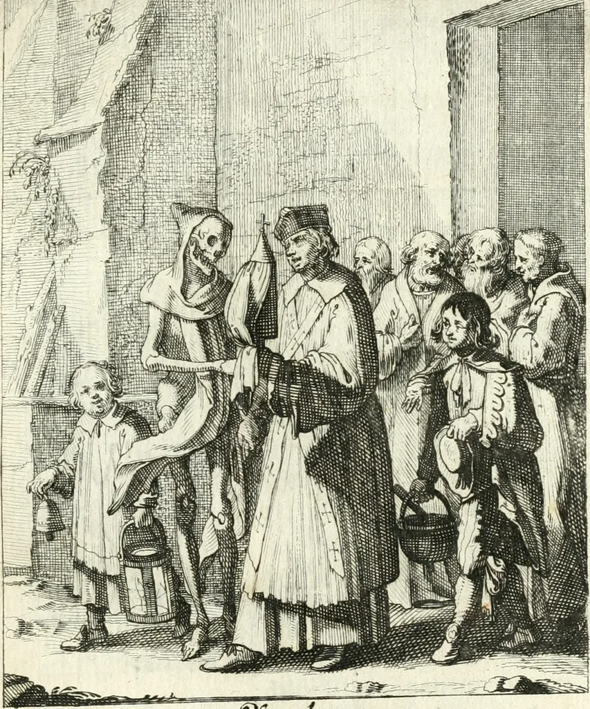 An illustration from Sterbensspiegel, das ist, Sonnenklare Vorstellung menschlicher Nichtigkeit durch alle Ständ und Geschlechter : vermitlest 60. dienstlicher Kupferblätteren, lehrzeicher Vberschrifften, und beweglicher zu vier stimmen aussgesetzter Todtengessängen, 1650, leaf 52
