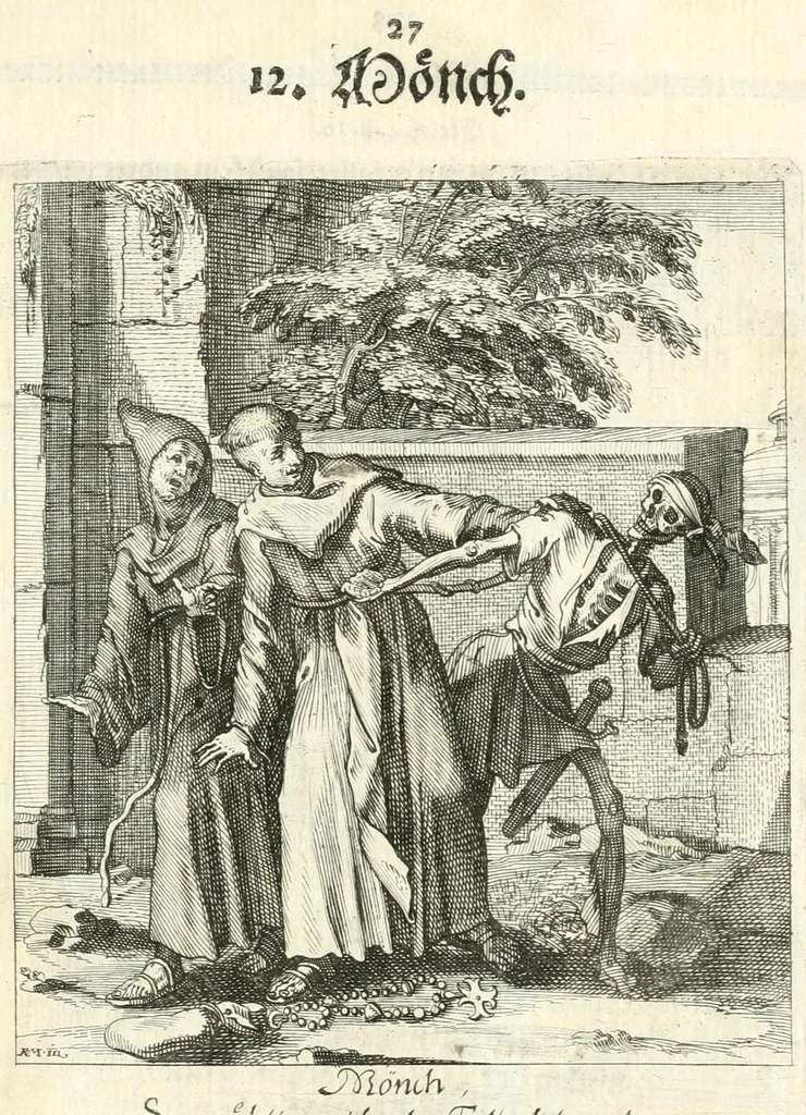 An illustration from Sterbensspiegel, das ist, Sonnenklare Vorstellung menschlicher Nichtigkeit durch alle Ständ und Geschlechter : vermitlest 60. dienstlicher Kupferblätteren, lehrzeicher Vberschrifften, und beweglicher zu vier stimmen aussgesetzter Todtengessängen, 1650, leaf 55
