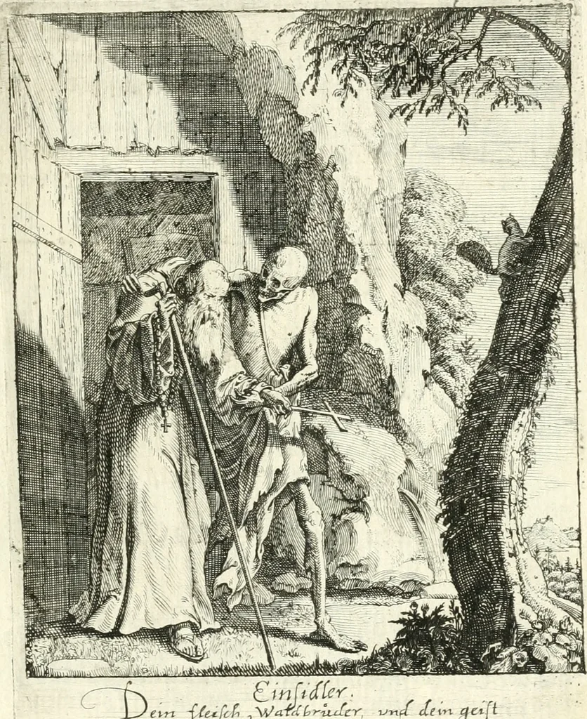 An illustration from Sterbensspiegel, das ist, Sonnenklare Vorstellung menschlicher Nichtigkeit durch alle Ständ und Geschlechter : vermitlest 60. dienstlicher Kupferblätteren, lehrzeicher Vberschrifften, und beweglicher zu vier stimmen aussgesetzter Todtengessängen, 1650, leaf 56