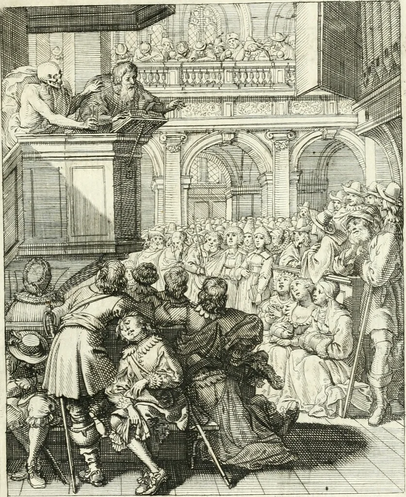 An illustration from Sterbensspiegel, das ist, Sonnenklare Vorstellung menschlicher Nichtigkeit durch alle Ständ und Geschlechter : vermitlest 60. dienstlicher Kupferblätteren, lehrzeicher Vberschrifften, und beweglicher zu vier stimmen aussgesetzter Todtengessängen, 1650, leaf 58