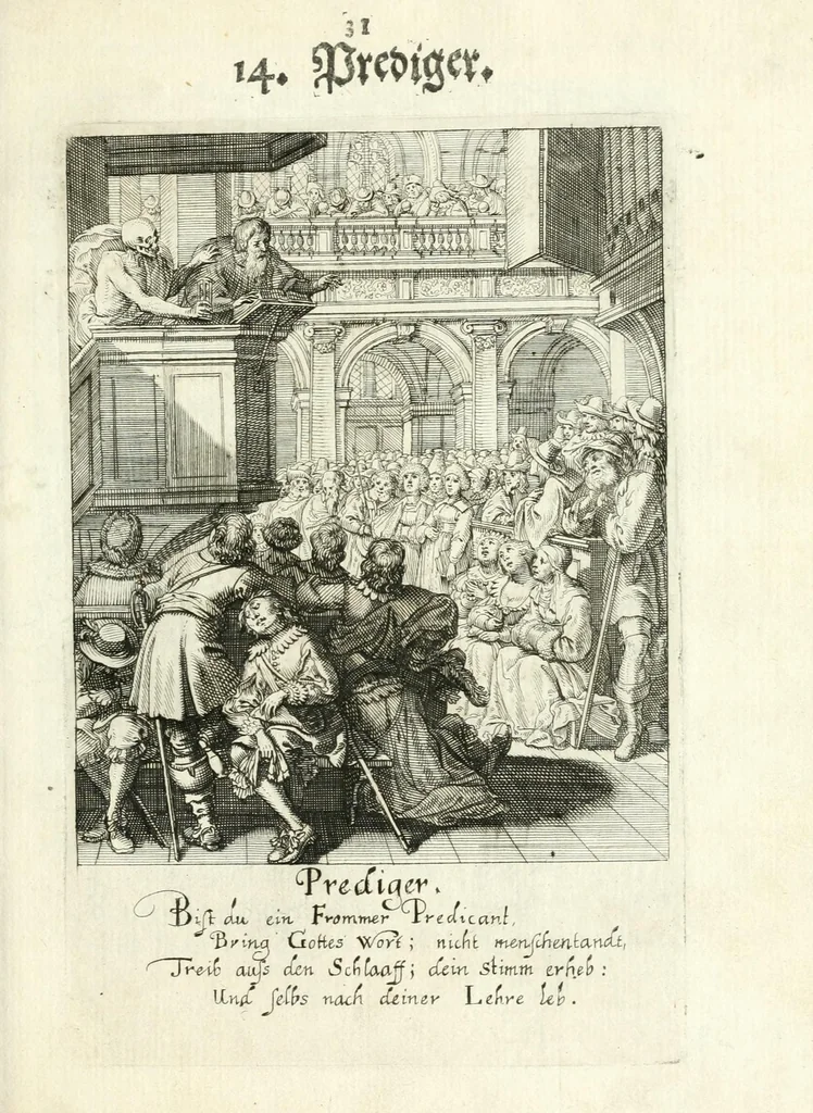 An illustration from Sterbensspiegel, das ist, Sonnenklare Vorstellung menschlicher Nichtigkeit durch alle Ständ und Geschlechter : vermitlest 60. dienstlicher Kupferblätteren, lehrzeicher Vberschrifften, und beweglicher zu vier stimmen aussgesetzter Todtengessängen, 1650, leaf 59