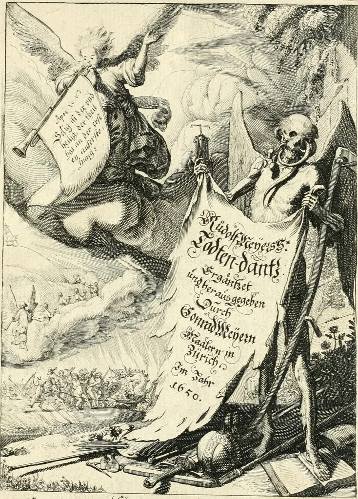 An illustration from Sterbensspiegel, das ist, Sonnenklare Vorstellung menschlicher Nichtigkeit durch alle Ständ und Geschlechter : vermitlest 60. dienstlicher Kupferblätteren, lehrzeicher Vberschrifften, und beweglicher zu vier stimmen aussgesetzter Todtengessängen, 1650, leaf 6