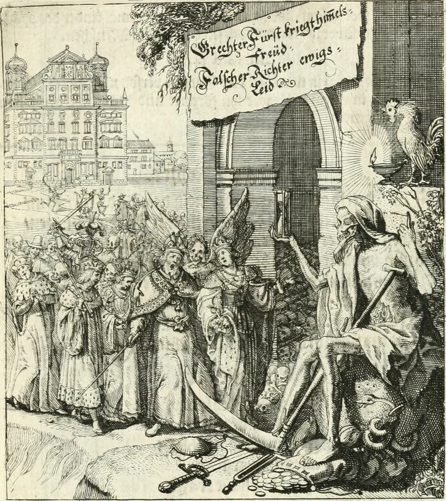 An illustration from Sterbensspiegel, das ist, Sonnenklare Vorstellung menschlicher Nichtigkeit durch alle Ständ und Geschlechter : vermitlest 60. dienstlicher Kupferblätteren, lehrzeicher Vberschrifften, und beweglicher zu vier stimmen aussgesetzter Todtengessängen, 1650, leaf 60