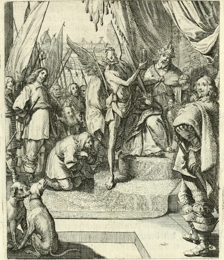 An illustration from Sterbensspiegel, das ist, Sonnenklare Vorstellung menschlicher Nichtigkeit durch alle Ständ und Geschlechter : vermitlest 60. dienstlicher Kupferblätteren, lehrzeicher Vberschrifften, und beweglicher zu vier stimmen aussgesetzter Todtengessängen, 1650, leaf 62