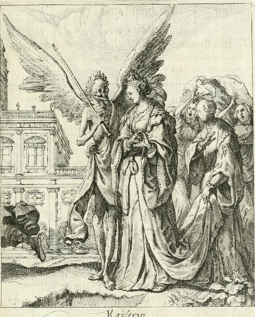 An illustration from Sterbensspiegel, das ist, Sonnenklare Vorstellung menschlicher Nichtigkeit durch alle Ständ und Geschlechter : vermitlest 60. dienstlicher Kupferblätteren, lehrzeicher Vberschrifften, und beweglicher zu vier stimmen aussgesetzter Todtengessängen, 1650, leaf 64