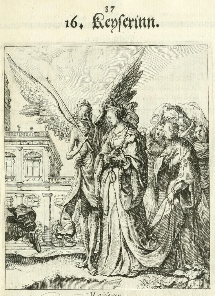 An illustration from Sterbensspiegel, das ist, Sonnenklare Vorstellung menschlicher Nichtigkeit durch alle Ständ und Geschlechter : vermitlest 60. dienstlicher Kupferblätteren, lehrzeicher Vberschrifften, und beweglicher zu vier stimmen aussgesetzter Todtengessängen, 1650, leaf 65