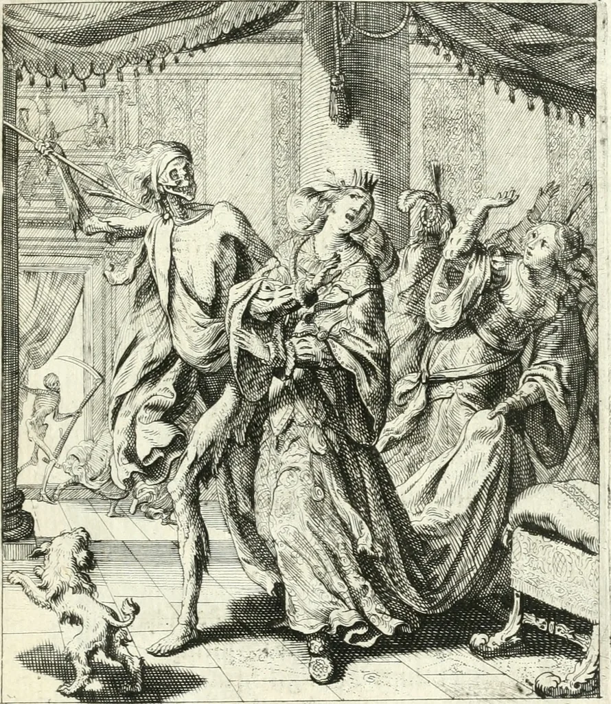 An illustration from Sterbensspiegel, das ist, Sonnenklare Vorstellung menschlicher Nichtigkeit durch alle Ständ und Geschlechter : vermitlest 60. dienstlicher Kupferblätteren, lehrzeicher Vberschrifften, und beweglicher zu vier stimmen aussgesetzter Todtengessängen, 1650, leaf 68