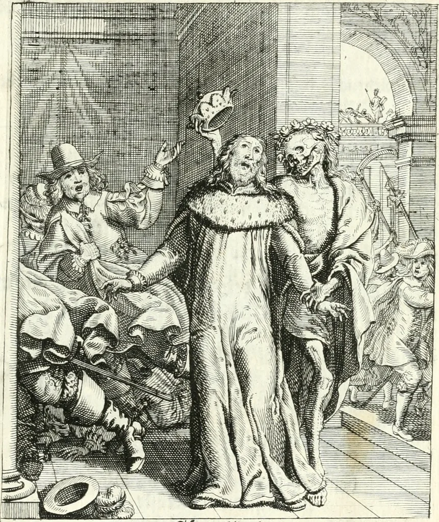 An illustration from Sterbensspiegel, das ist, Sonnenklare Vorstellung menschlicher Nichtigkeit durch alle Ständ und Geschlechter : vermitlest 60. dienstlicher Kupferblätteren, lehrzeicher Vberschrifften, und beweglicher zu vier stimmen aussgesetzter Todtengessängen, 1650, leaf 70