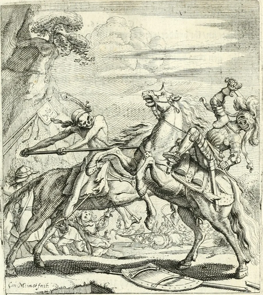 An illustration from Sterbensspiegel, das ist, Sonnenklare Vorstellung menschlicher Nichtigkeit durch alle Ständ und Geschlechter : vermitlest 60. dienstlicher Kupferblätteren, lehrzeicher Vberschrifften, und beweglicher zu vier stimmen aussgesetzter Todtengessängen, 1650, leaf 74