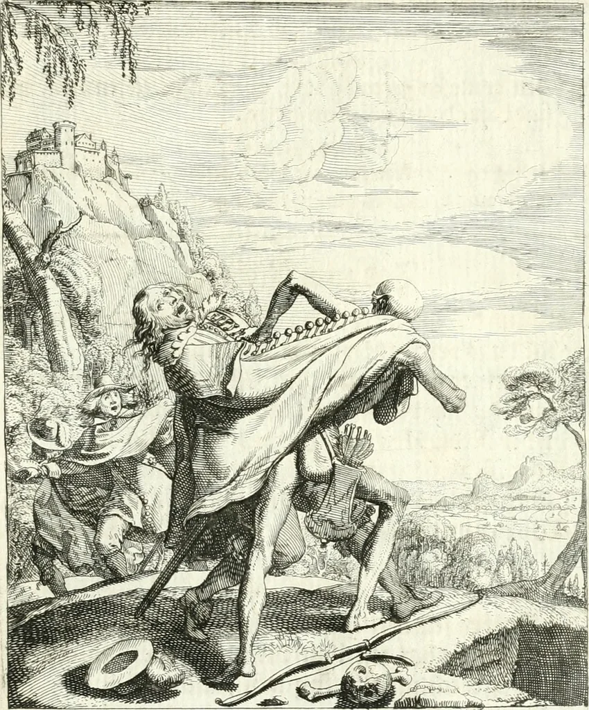 An illustration from Sterbensspiegel, das ist, Sonnenklare Vorstellung menschlicher Nichtigkeit durch alle Ständ und Geschlechter : vermitlest 60. dienstlicher Kupferblätteren, lehrzeicher Vberschrifften, und beweglicher zu vier stimmen aussgesetzter Todtengessängen, 1650, leaf 76